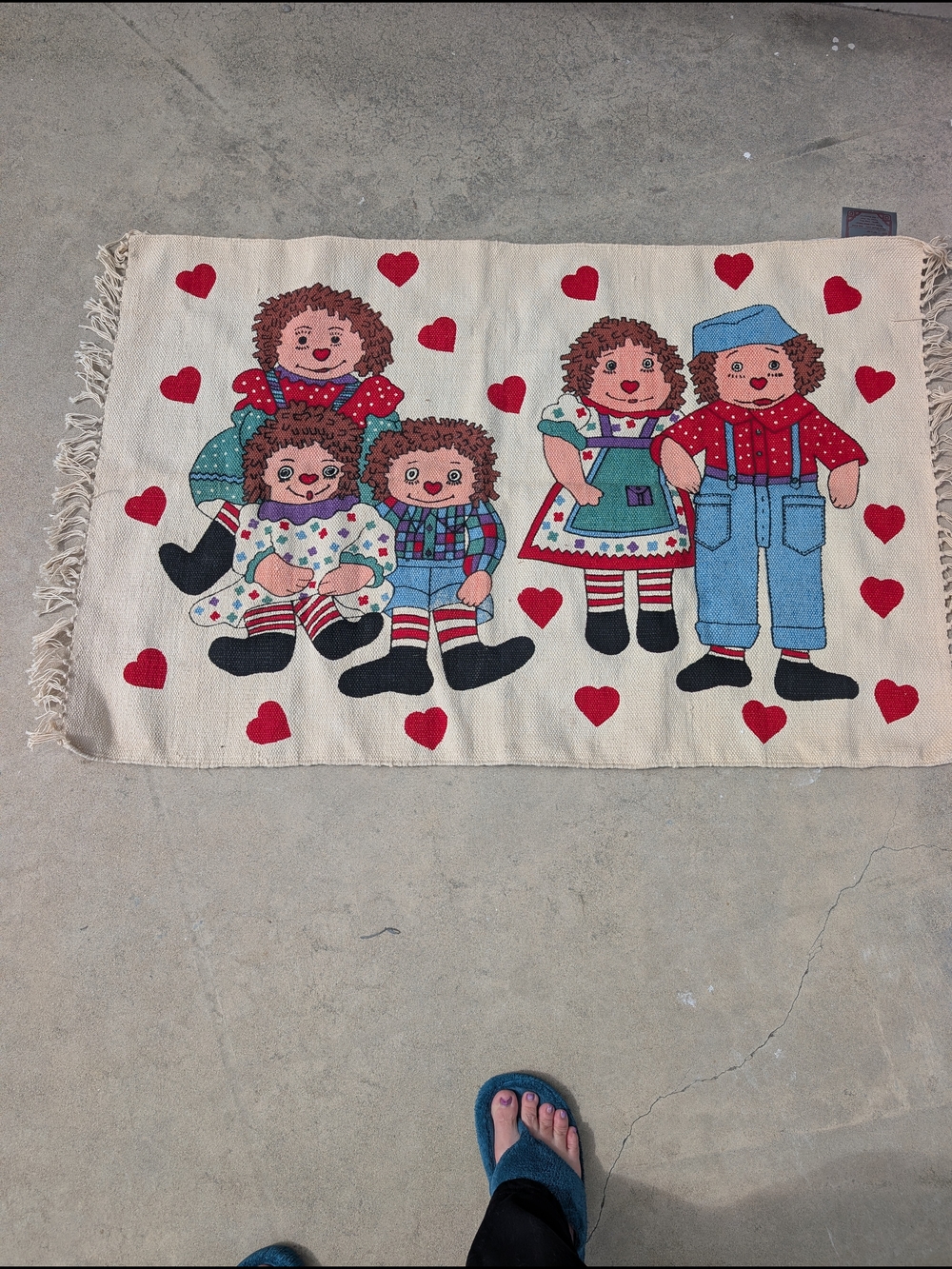 Vintage Handmade Raggedy Doll Print Handloomed Rug with Hearts 30" X 48"
